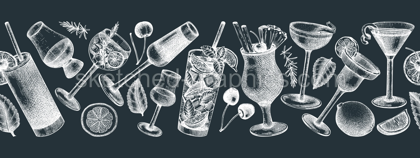 Seamless cocktail glasses ribbon design. Hand-sketched alcoholic drinks in elegant glassware. Popular alcohol cocktails drawings on chalkboard. Perfect banner design for pub, bar, or restaurant menu Illustration